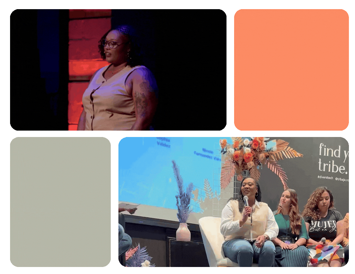 Collage of creator Jalonni Weaver speaking on stage about personal branding, LinkedIn, and intrapreneurship