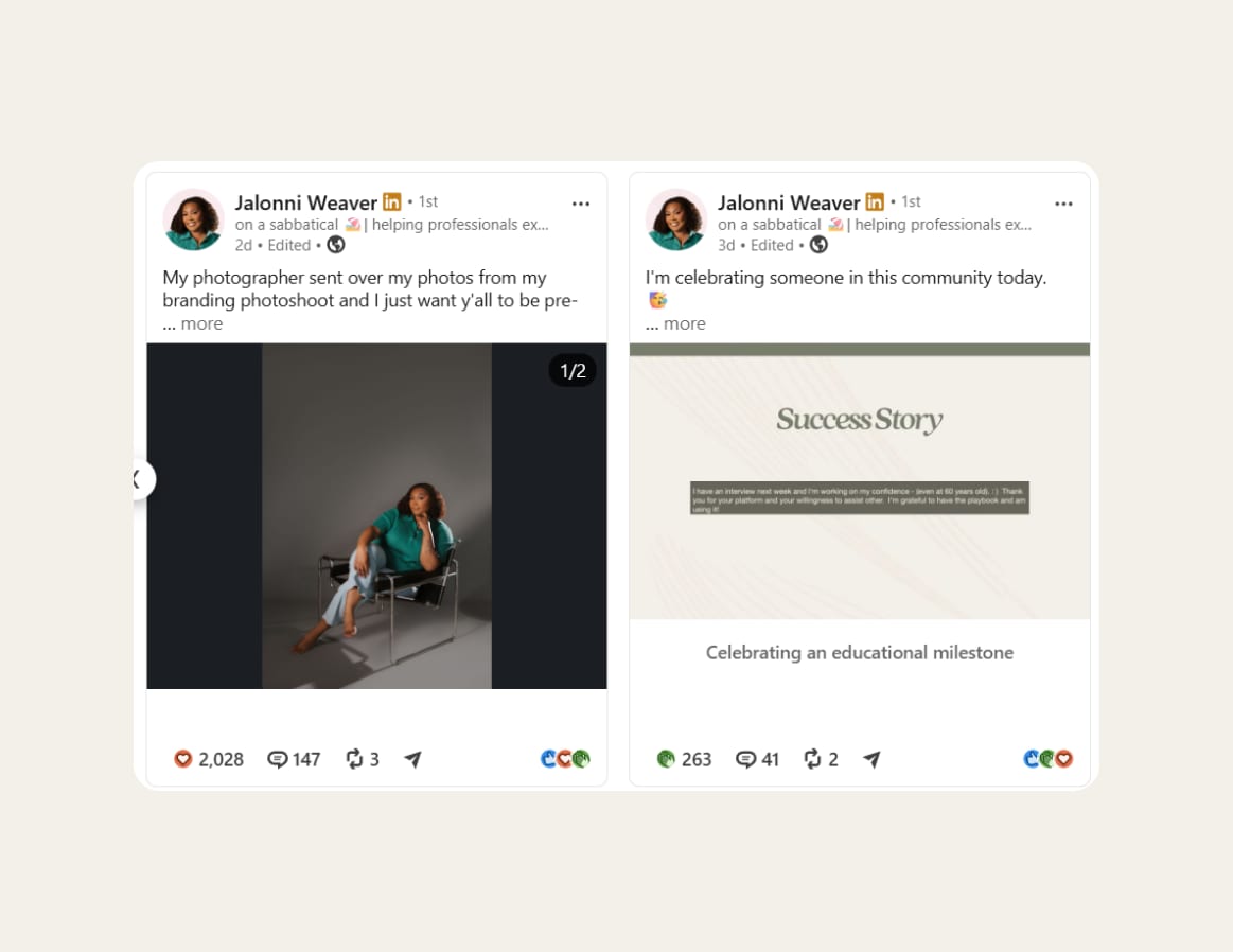 LinkedIn creator Jalonni Weaver posting personal branding content and a community success story