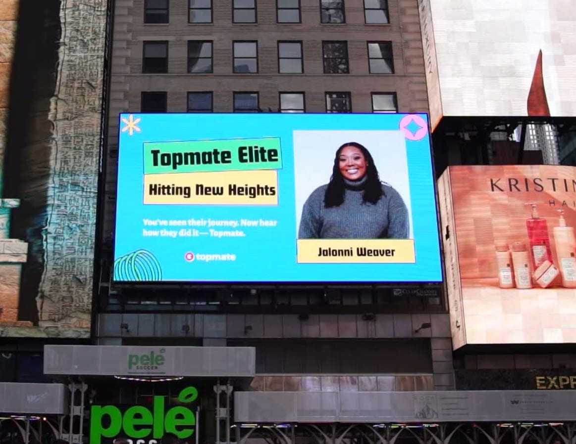 Times Square Topmate billboard featuring LinkedIn creator Jalonni Weaver