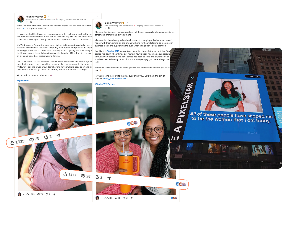 LinkedIn creator Jalonni Weaver’s personal branding in action | Lyft and Stanley partnership posts plus a digital billboard